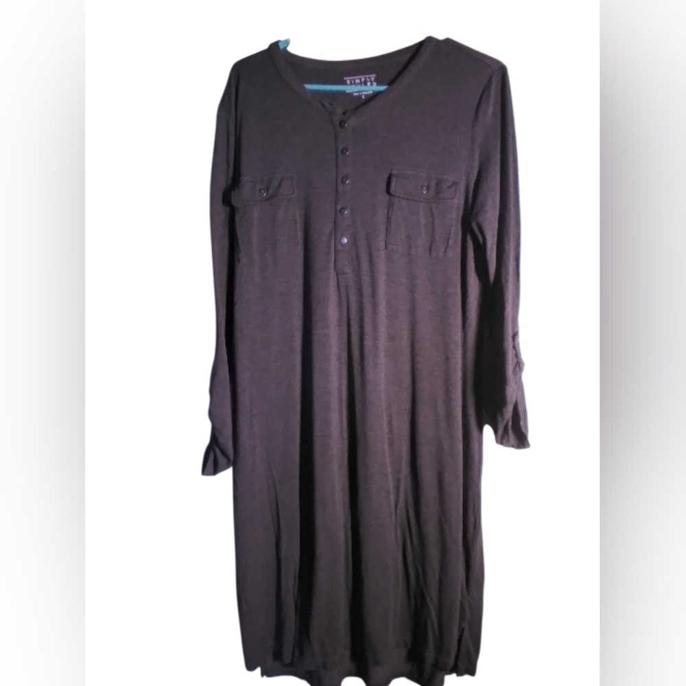 Simply Styled Gray Flowy T Shirt Dress Size L POCKETS Front Buttons Comfy